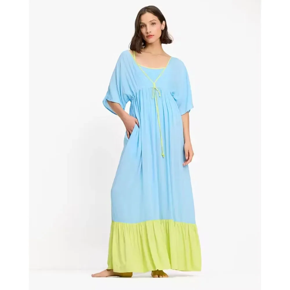 Kate Spade New York Midi Cover Up Tiered Dress Color Block Blue Green XL
